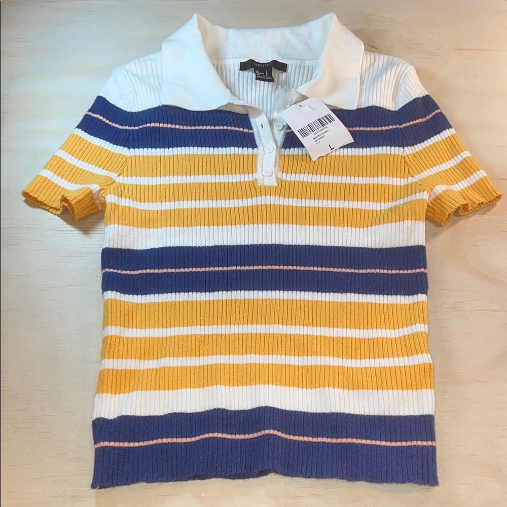 Forever 21 Ribbed Cable Knit Shirt in Cream, Yellow and Blue Strips Sz L